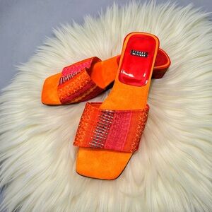♥️ STUART WEITZMAN Vintage Leather Orange Red Slip on Open Toe Sandals size 8